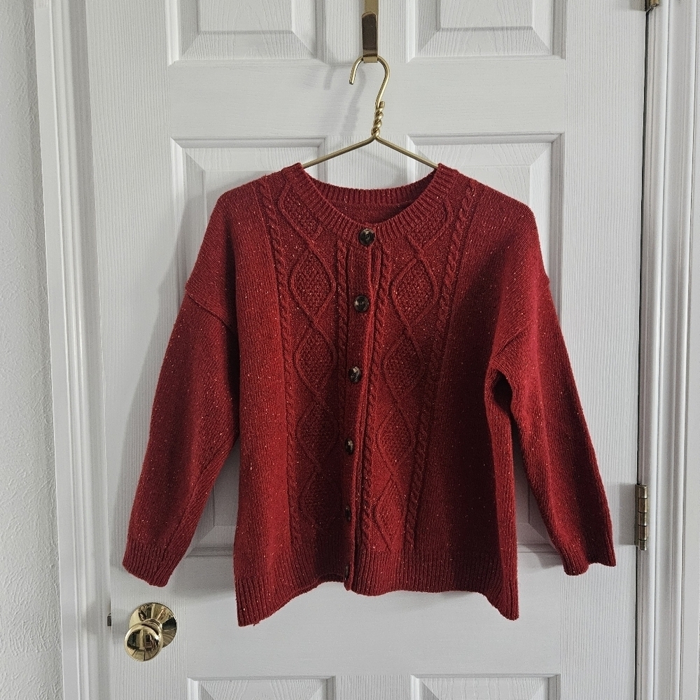 Vintage Red Wool Blend Cable Knit Cardigan With Flecked Design